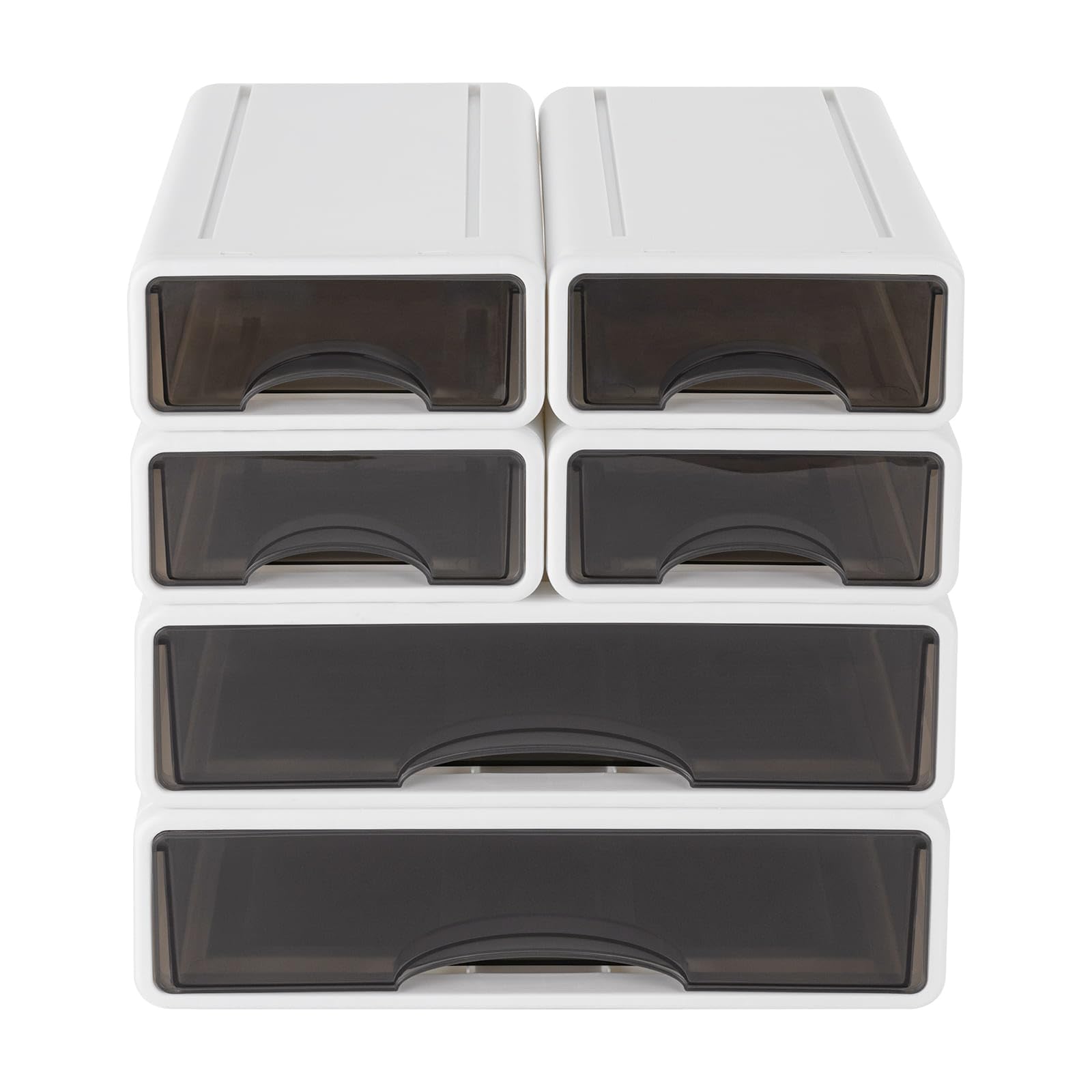 Lot de 6 Organiseurs de bureau en plastique avec tiroirs, Boîtes de Rangement Empilable à Volonté, 25P x 34L x 33H cm, Pour Documents, Fournitures de bureau, Clés, Crayons (Blanc)