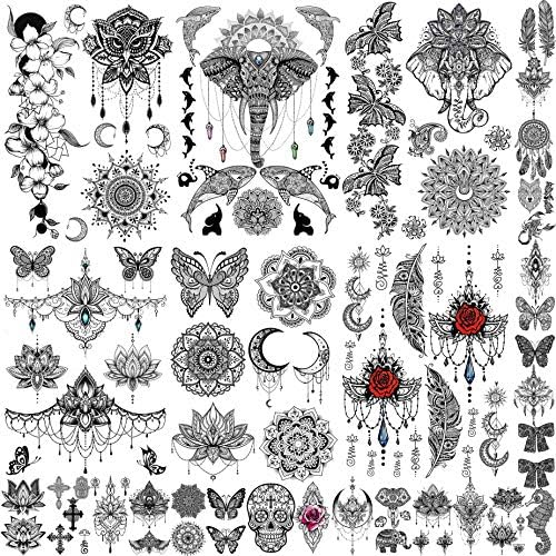 EGMBGM 28 Sheets Tribal Henna Temporary Tattoos For Women Girls, Waterproof Fake Tattoos Temporary Elephant Ganesha Lace Mehndi Hena Tattoo Kits, Lotus Mandala Flower Tatoo Sticker Moon Neck Chest Arm