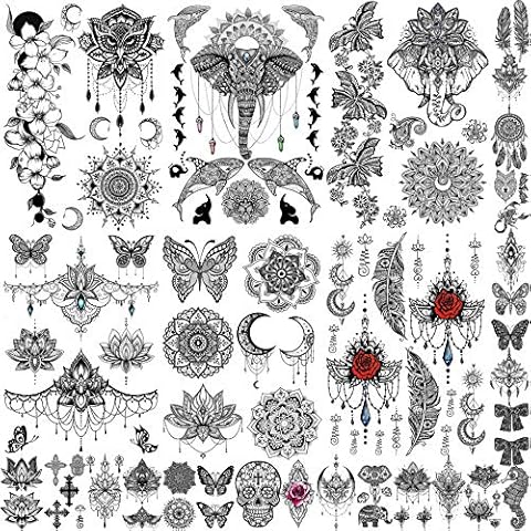 EGMBGM 28 Sheets Tribal Black Temporary Tattoos For Women Girls, Waterproof Fake Tattoos Temporary Elephant Ganesha Lace Tattoo Kits, Lotus Mandala Flower Tatoo Sticker Moon Neck Chest Arm Butterfly Cover