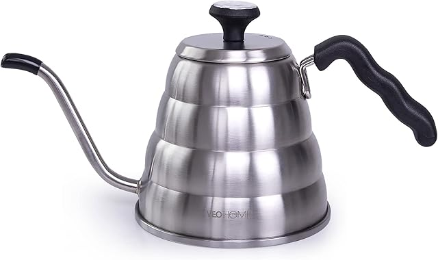 Stylish Pour Over Coffee Kettle with Classic Long Gooseneck Thermometer on Lid -1L - Quality Stainless Steel for Perfect Coffee & Tea. Ideal for Stove & All Heat Sources, Durable & Easy to Clean