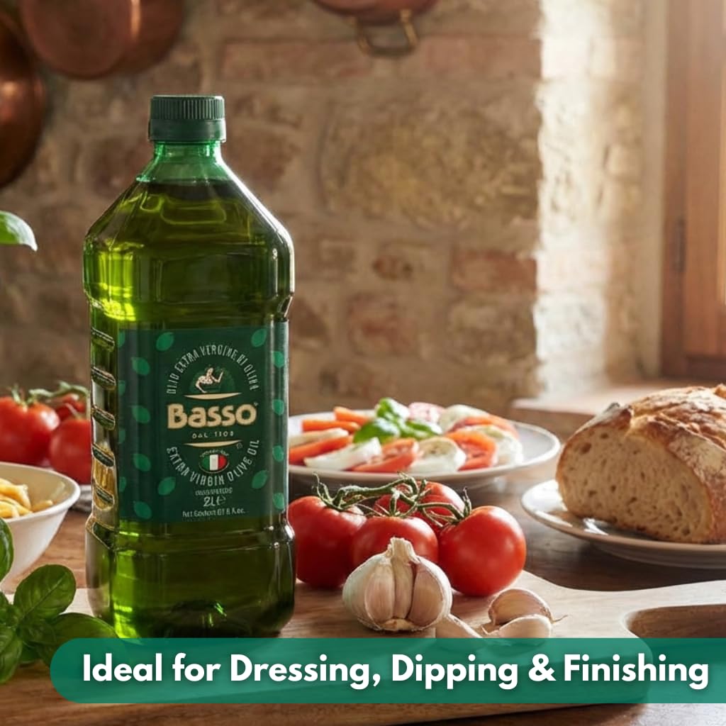 BASSO 1904 100% Italian Extra Virgin Olive Oil (EVOO), Cold-Extracted (Below 27°C), Coratina–Carolea–Ogliarola, Calabria & Puglia, 67.6 fl oz (2 Liters), Product of Italy