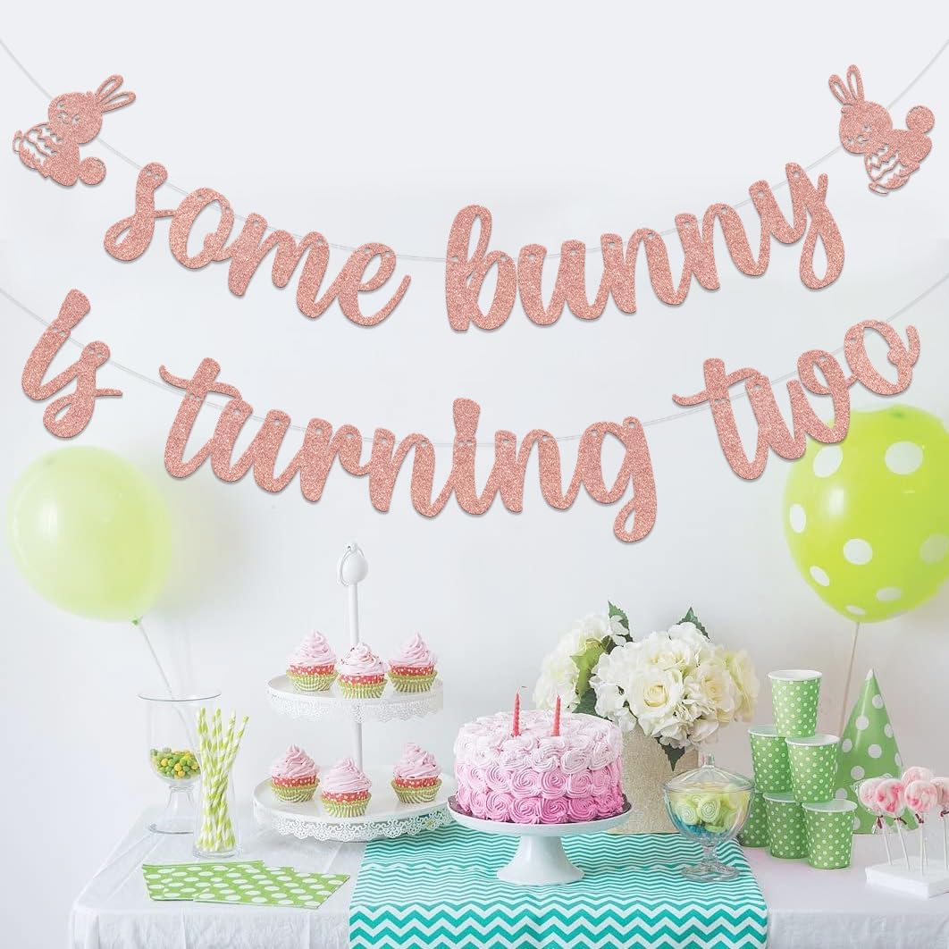 Some Bunny is Turning Two Banner - Some Bunny is Two Birthday Decorations - Easter Bunny Birthday Decorations Rose Gold