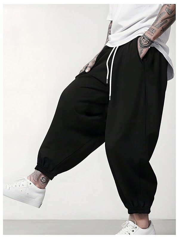 OYOANGLE Men's Baggy Jogger Pants Elastic Drawstring Waist Harem Pants with Pocket Sports Gym Trousers Black Small by OYOANGLE - Image 3