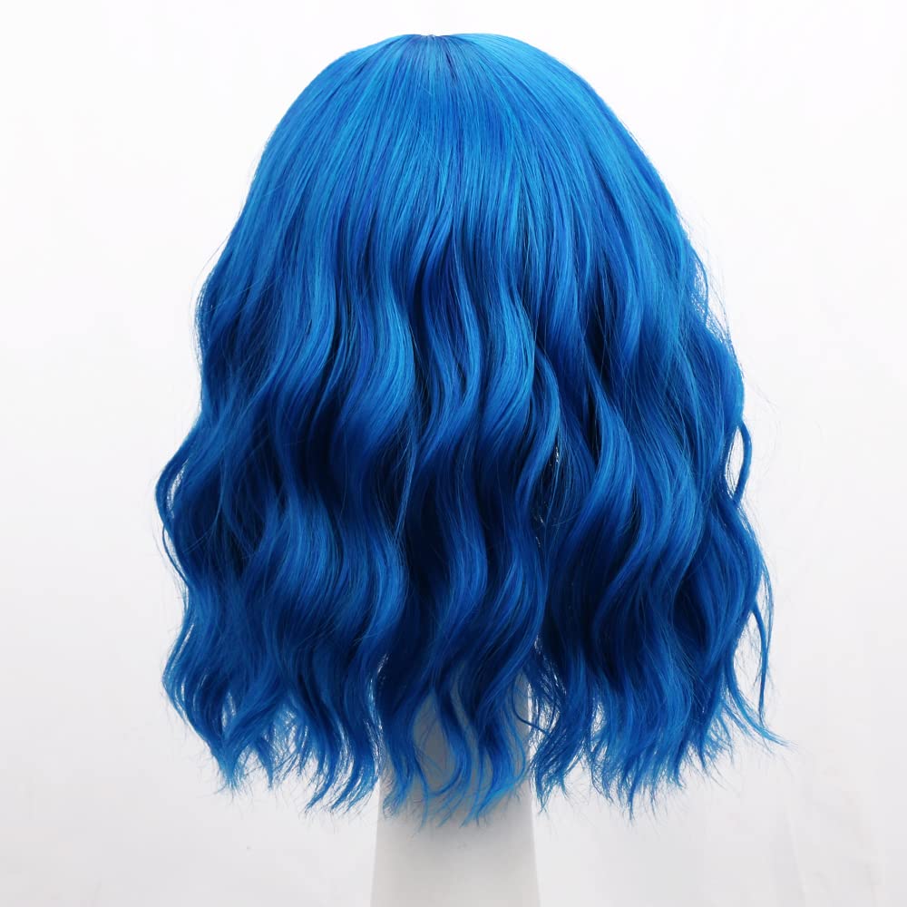 Bob Wig with Bangs for Women Loose Wavy Wig Curly Wavy Wig Shoulder Length Short Bob Synthetic Cosplay Wig for Girl Colorful Costume Wigs12in (Blue)