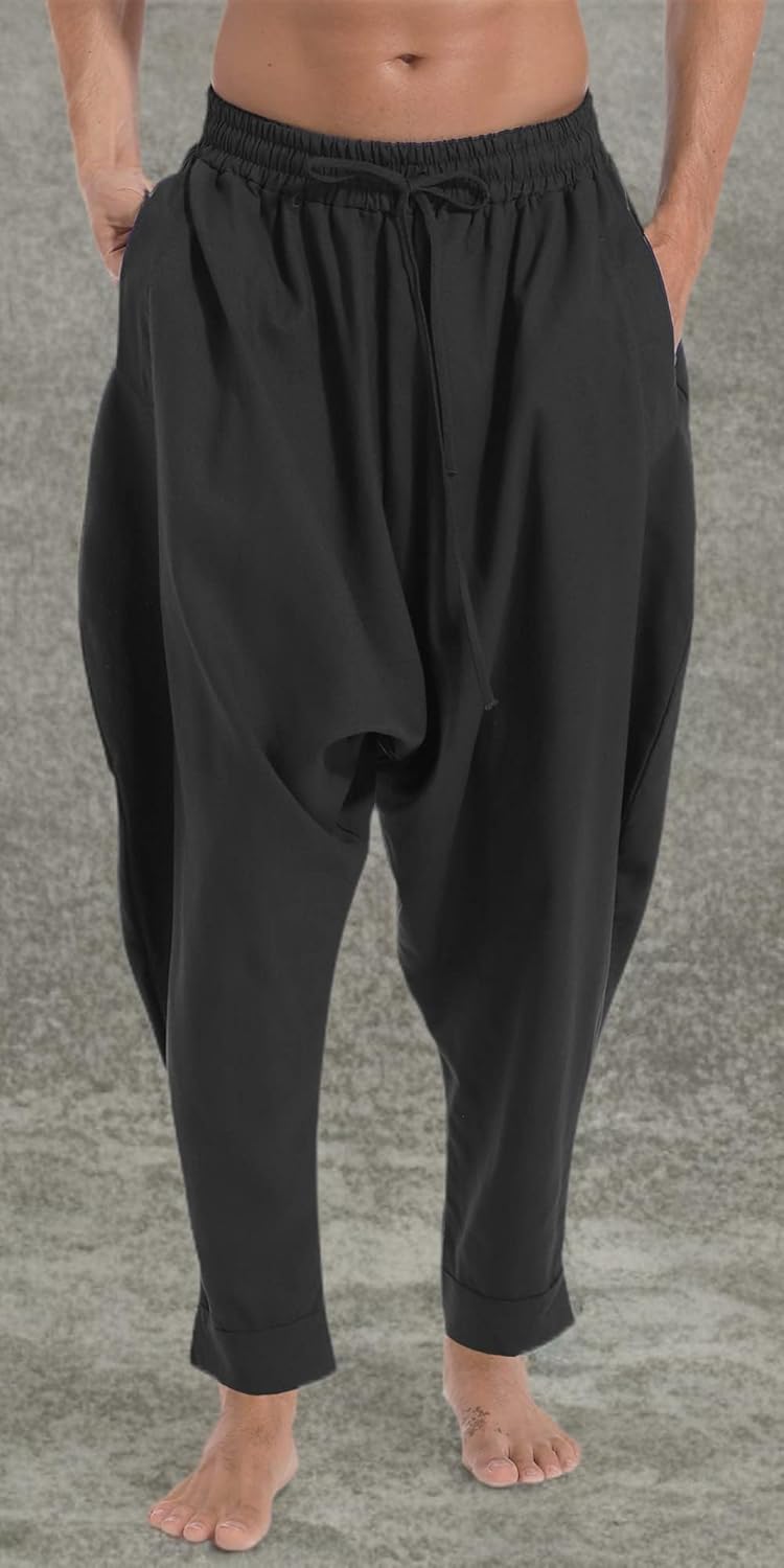 PACEIADTA Mens Casual Harem Pants Baggy Aladdin Hippie Elastic Waist Drop Crotch Trousers - Image 6