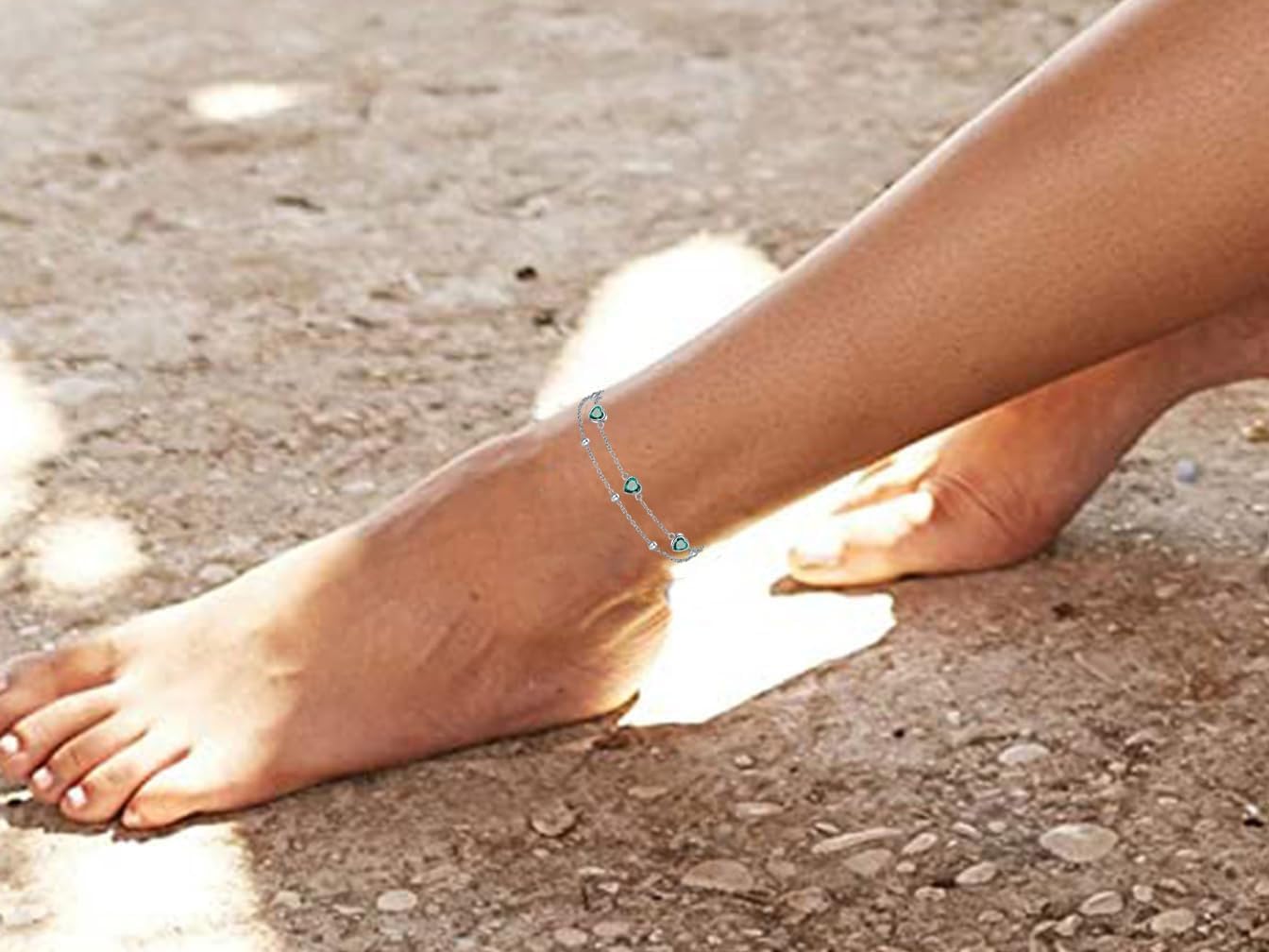 Birthstone Anklet/Bracelets for Women 925 Sterling Silver Charm Link Double Strand Heart Birthstone Jewelry Gift for Wife Women Mother's Day Gift - Image 5