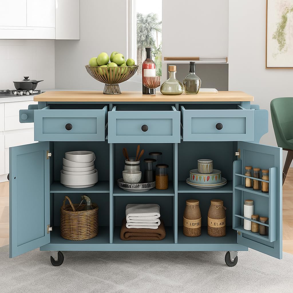 Kitchen Cart with Rubber Wood Drop-Leaf Countertop,Cabinet Door Internal Storage Racks,Kitchen Island on 5 Wheels with Storage Cabinet and 3 Drawers for Dinning Room, Grey Blue