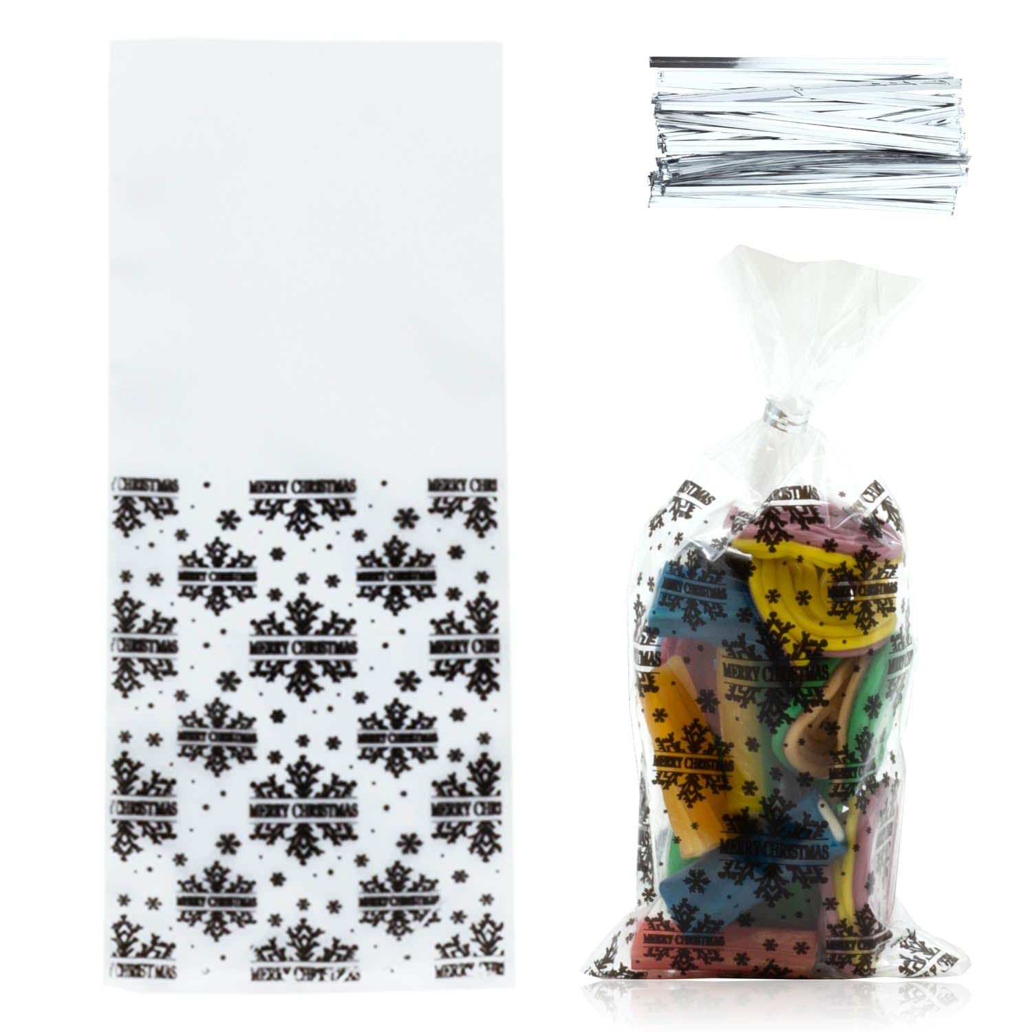 Yolli 50Pcs Black Merry Xmas Cellophane Christmas Display Bags (3" x 8" - 76mm x 203mm) Including Metallic Silver Twist Ties for Sweets Gifts Cookies Cakes Biscuits