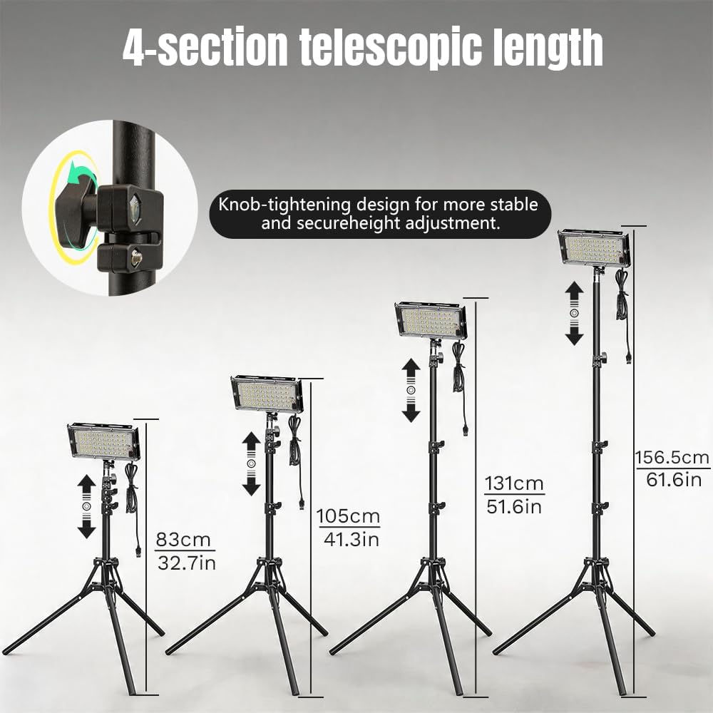 USB Camping Light,4-Section Telescopic Tripod LED Work Light with 3 Color Temperatures & Timer,Portable Emergency Lighting for Outdoor Fishing,Power Outage,Home Workshop
