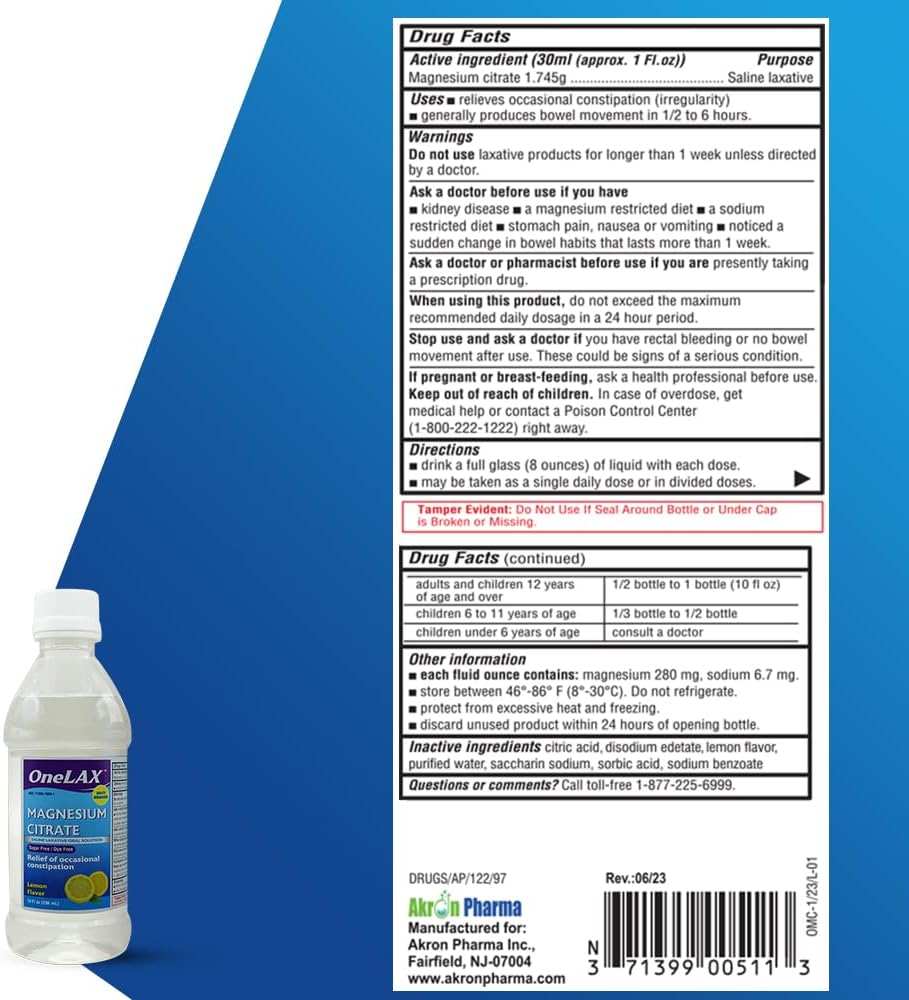 Magnesium Citrate Oral Solution Saline Laxative Natural Lemon Flavor Fast-Acting, Gentle Laxative & Constipation Relief Digestive Health. Sugar-Free, Dye-Free OneLAX™ 10 fl oz (296 mL) 4 Pack