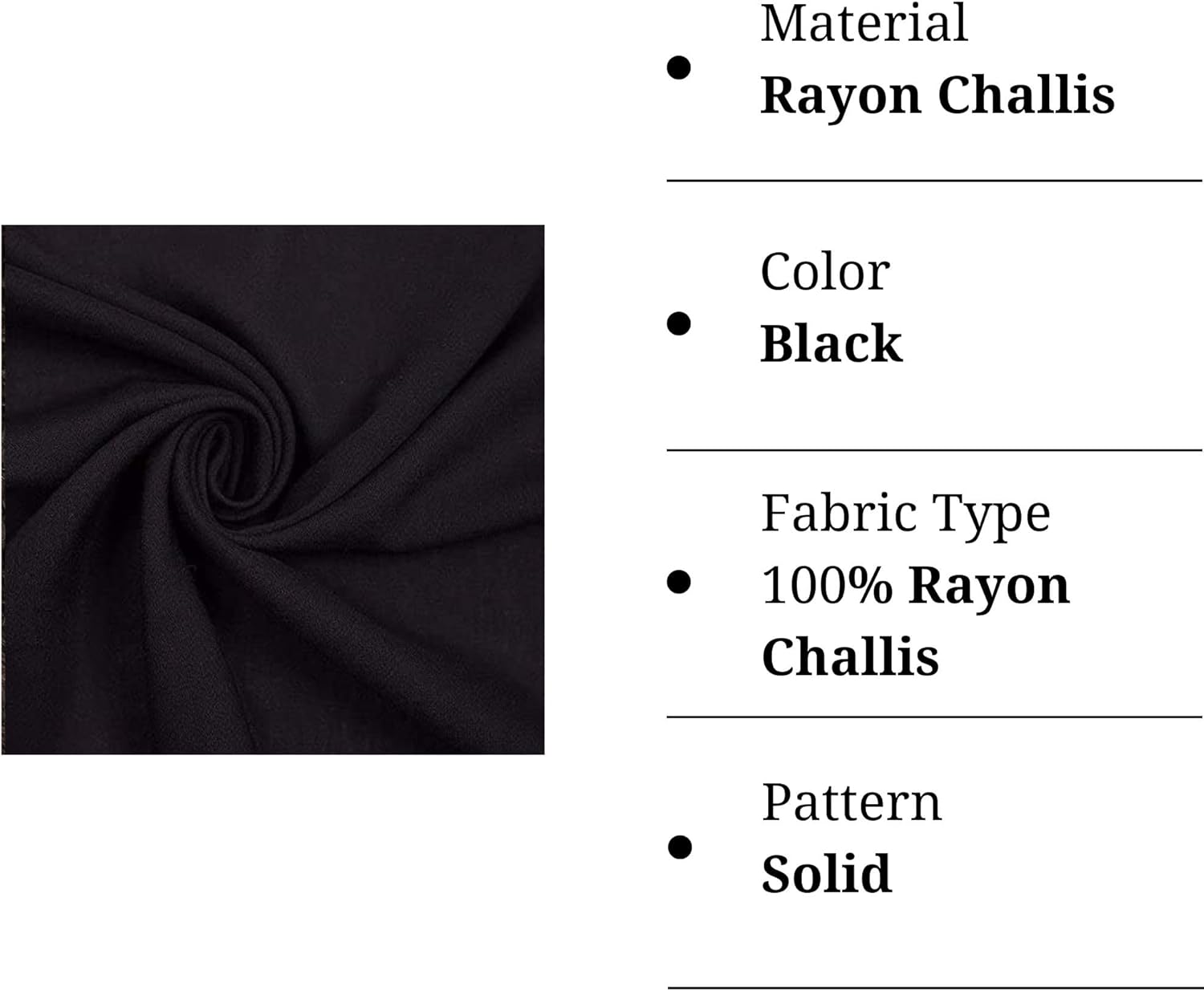 Rayon Challis Fabric by The Yard - 60 Inches Wide - Lightweight Rayon Fabric - Use Rayon Fabric by The Yard for Lounge Wear, Jumpsuits, Pajamas, and Skirts - Black, 2 Continuous Yards