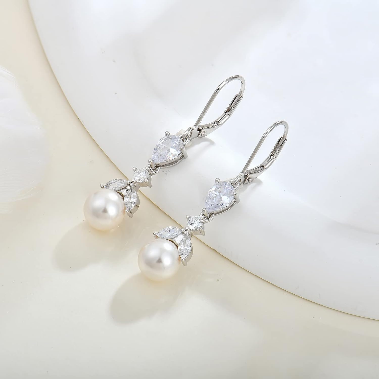 Women Bridal Wedding Earrings 925 Sterling Silver Mother of Pearl Dangle & Drop Earrings with 5A Cubic Zirconia for Brides Bridesmaids Proms Jewerly Gifts - Image 3