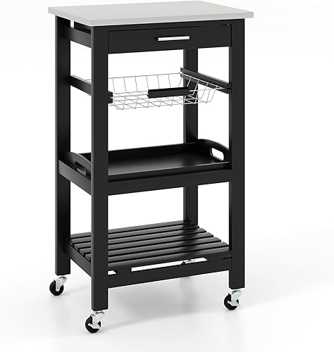 Miniatura 9 de Giantex Carrito de isla de cocina, carrito de almacenamiento móvil de cocina con mesa de acero inoxidable, cajón, cesta, estante, bandeja de servir,