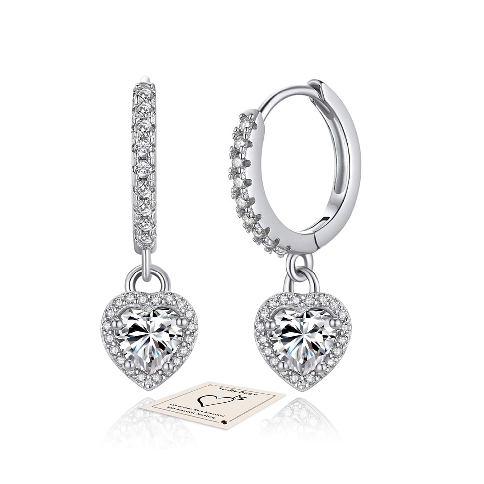 HEEYA Ohrringe Silber 925 Plattiert Herz Hängend Ohrringe Damen Klein Creolen mit Glitzer Zirkonia Hypoallergen Mini Creolen für Frauen