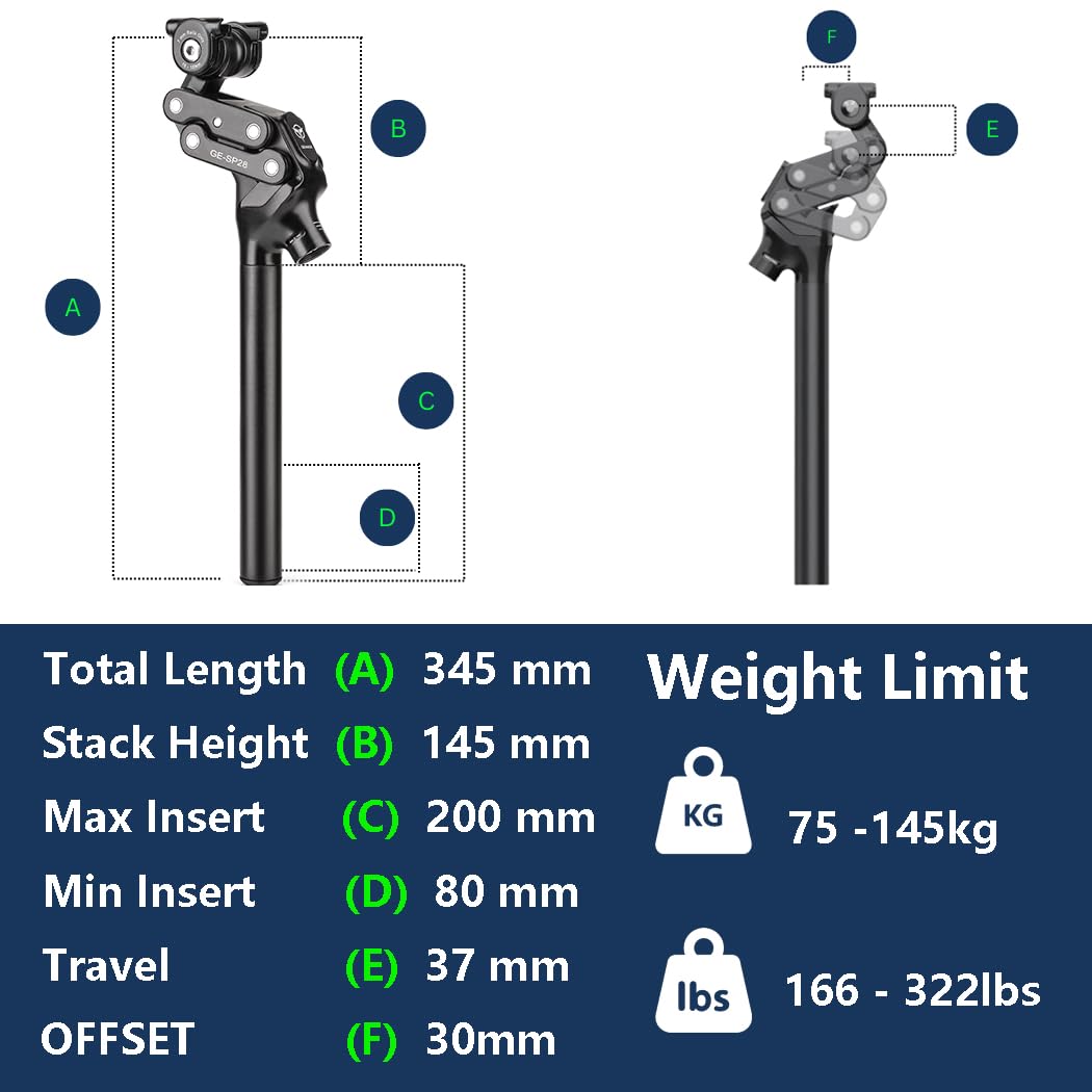 GEWAGE Reggisella parallelogramma 4-Link – Reggisella ammortizzato di alta qualità, 37 mm, design ergonomico, in alluminio, senza manutenzione, ideale per MTB/E-Bike e City