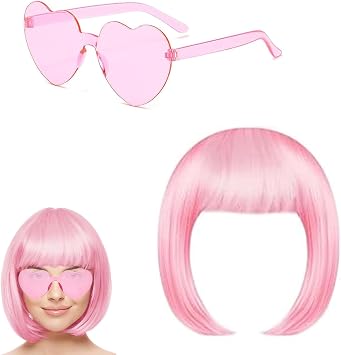 Pink Wig and Sunglass Set, Bob Wigs for Women, Costume Colorful Cosplay Wig Hairpieces, Short Wigs for Women, Perfect for Parties, Neon Party Favors, Halloween Decorations