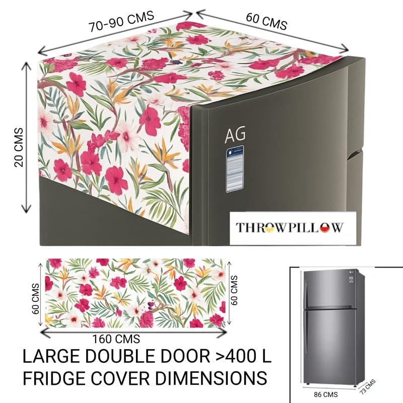 Image of Double Door Fridge Cover 400+L | 450 GSM Durable Fridge Top Cover with Tassels |Fits Godrej, LG, Haier, Samsung Models| Dustproof Refrigerator Cover Mat in Floral Print | WWW.THROWPILLOW.IN