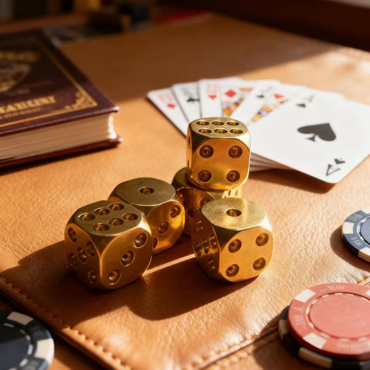 Set di 5 dadi classici in ottone massiccio, dadi portatili in rame per famiglia, campeggio, feste per adulti, dadi da gioco pesanti lucidati con eccellente tocco in mano