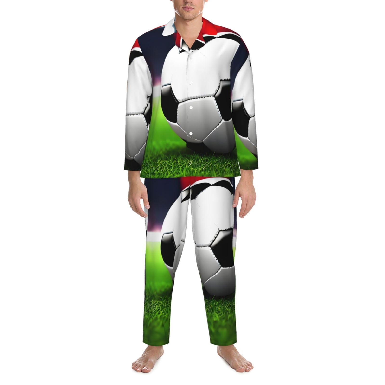 Conjunto de pijama de manga larga con estampado de balón deportivo de fútbol para hombre, ropa de dormir de dos piezas, ropa de dormir transpirable