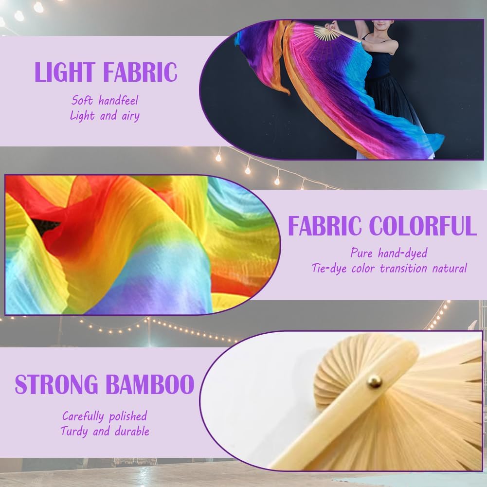 Women's Belly Dance Faux Silk Fans 1 Pair Dancing Long Bamboo Fans Veils for Dance Performances Length 180cm Width 90cm - Image 6