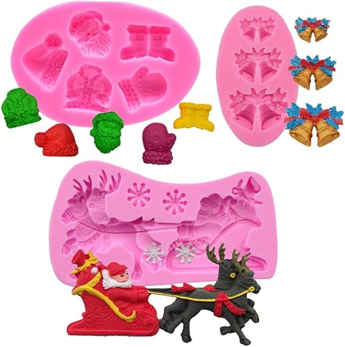 3 piezas de mini trineo de Papá Noel de Navidad, ciervo, sombrero de nieve, guantes, botas, campana, molde de silicona para bricolaje, chocolate,
