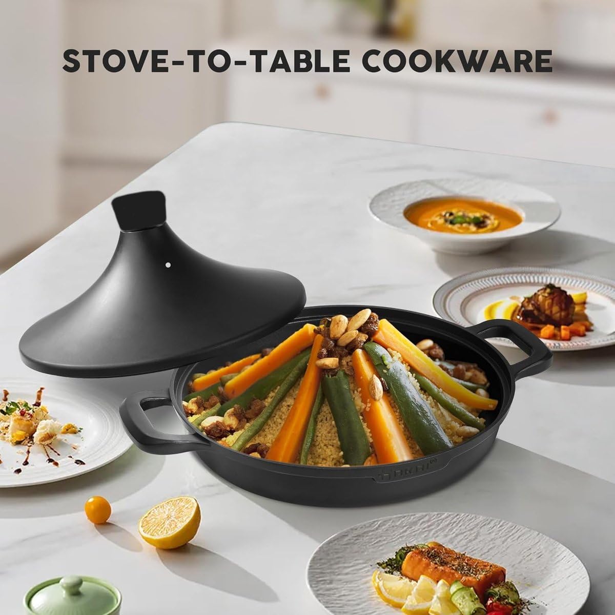Tajine Saffron 30 cm - Non-stick - PFOA free- nadaje się do wszystkich płyt kuchennych - czarny wraz z rękawicami kuchennymi i filcem