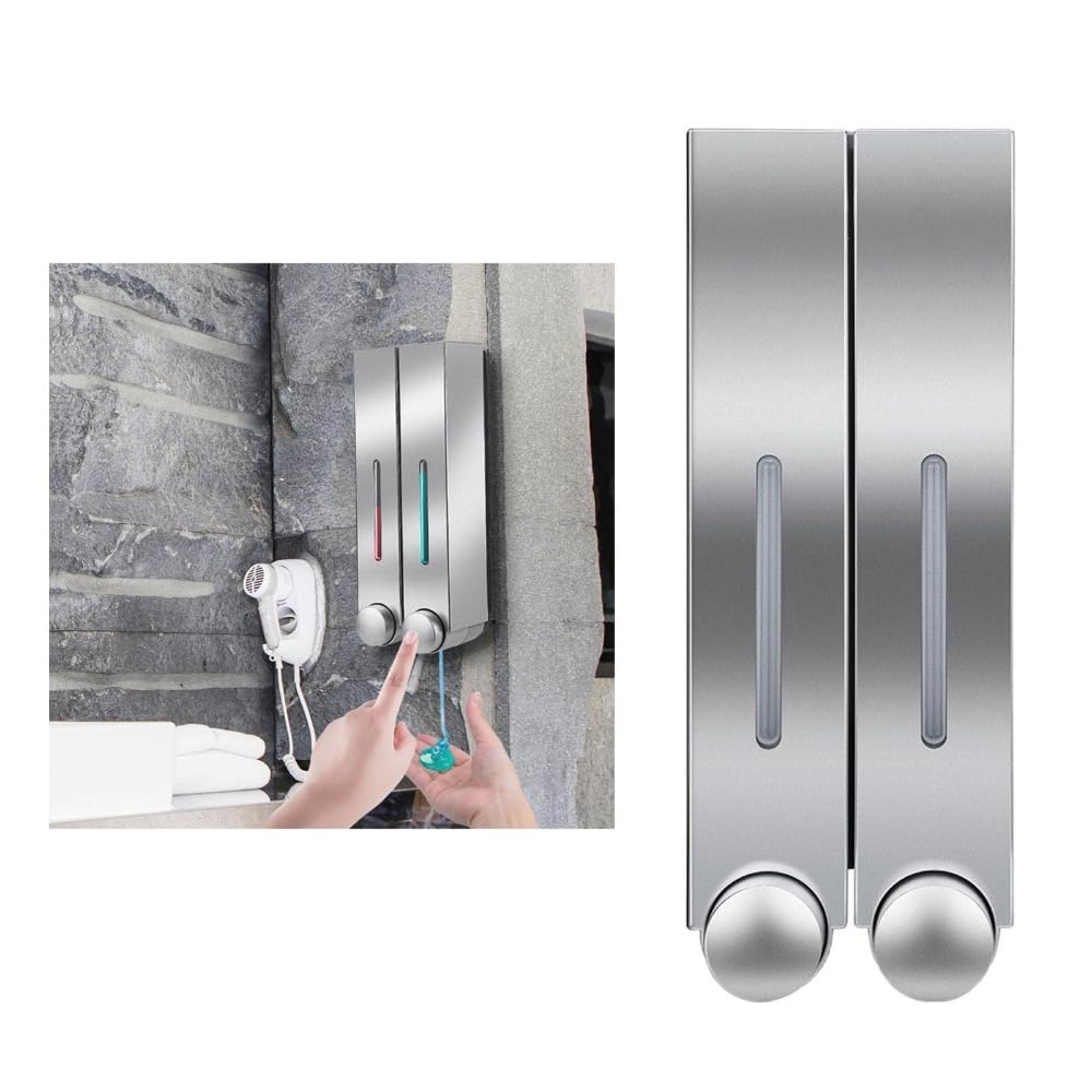 Dispensador de jabón para montaje en pared de baño, bomba de loción, botella para champú y jabón líquido (doble plata)