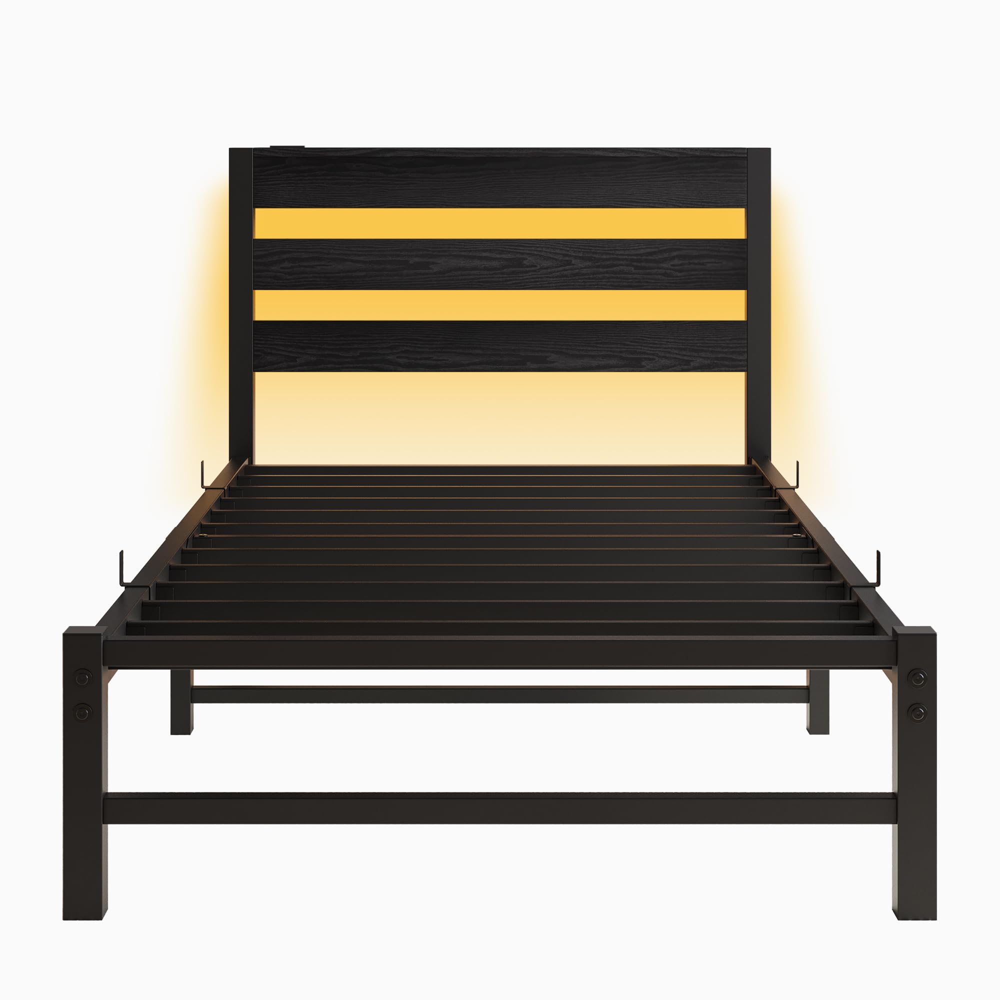 Bettgestell 90x200 cm mit LED, Metallbett mit USB-Ladestation & Holzkopfteil mit Stauraum, Gästebett Jugendbett Einzelbett mit Lattenrost aus Metall, Leicht zu Montieren, Schwarz