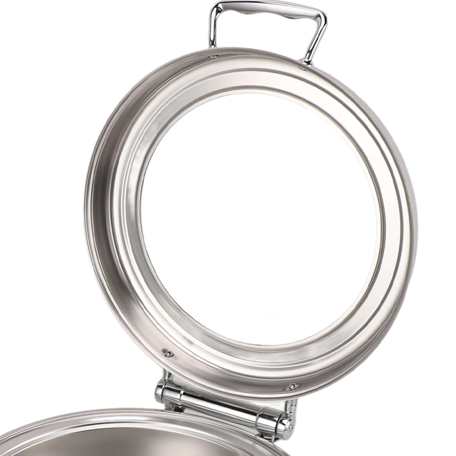 lyrlody Plato Redondo de Acero Inoxidable de 6 Litros, Servidor de Buffet con Tapa de Vidrio Visible, Calentador de Alcohol, Tapa Abatible de 90°, Sartén Profunda, Acabado Espejo para Buffet,