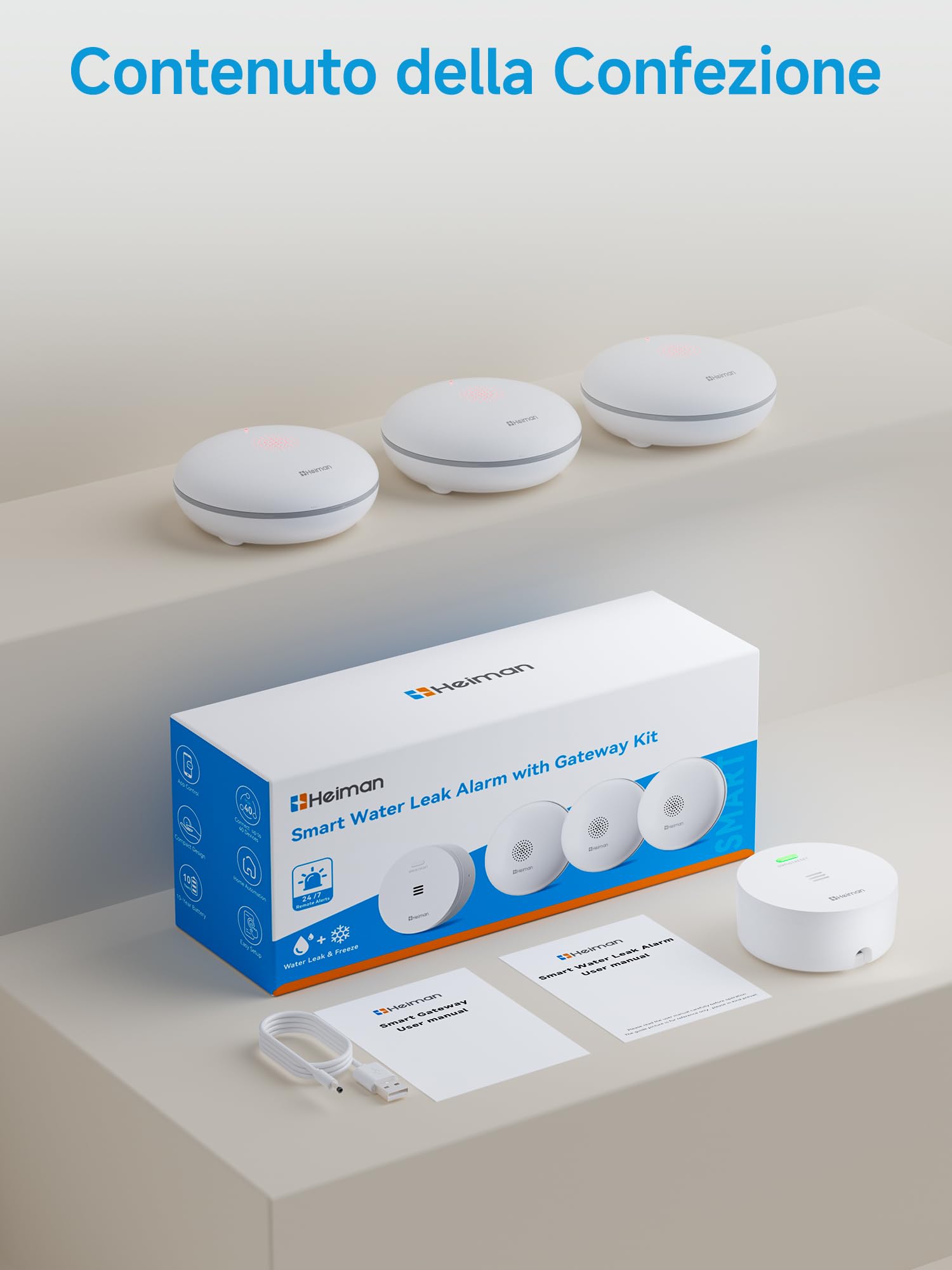 Heiman Rilevatori d’Acqua, Sensore d'Acqua Smart con Hub, Notifica App, Batteria 10 Anni, IP67 Impermeabile, Sensore WLAN per Cantina & Cucina, Kit Allarme Allagamento (solo 2,4GHz), 3 Pezzi