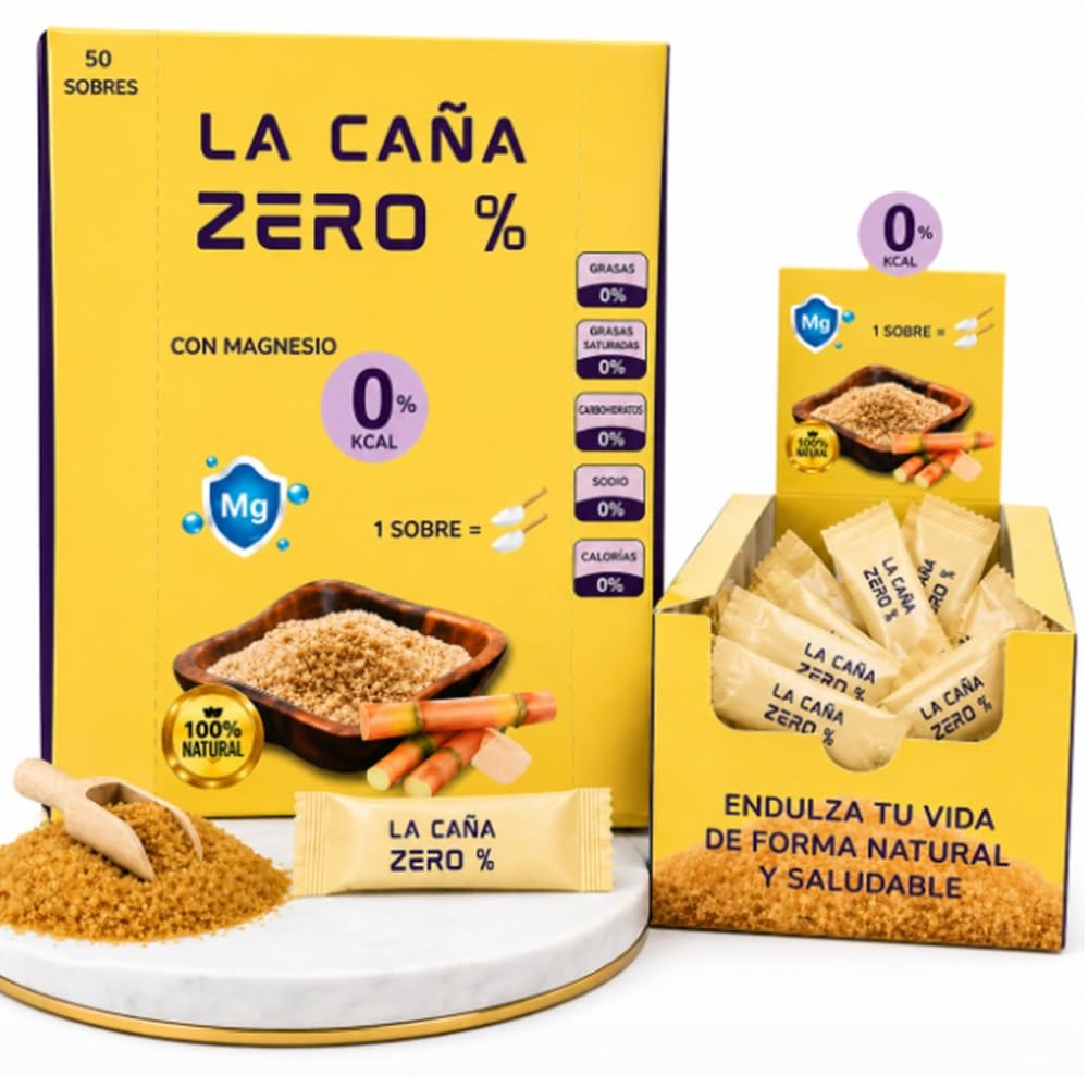Edulcorante Zero con MAGNESIO 50 Sobres | 100% Natural de Caña | Enriquecido con Fibra Vegetal Guar | 1gr = 10gr de azúcar | Sustituto de azúcar | Sabor natural