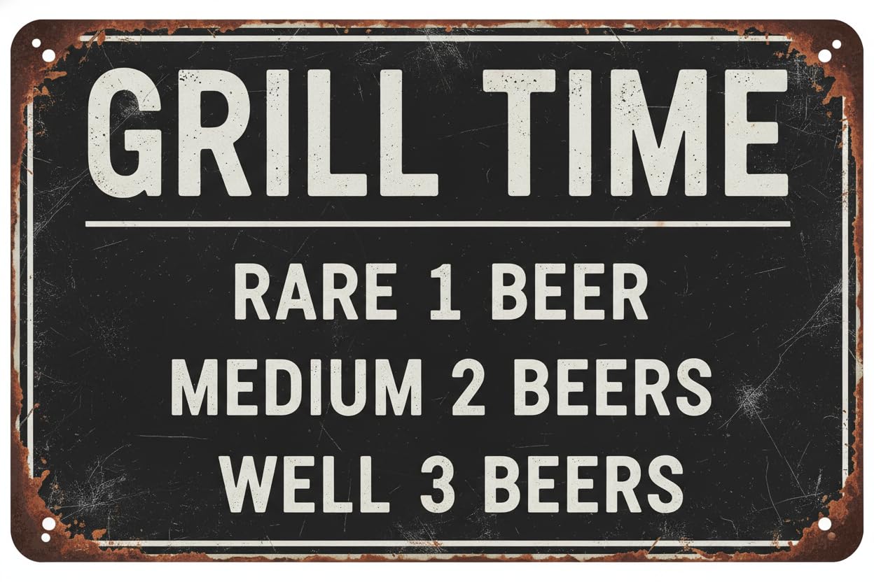 Grill Time Rare 1 Beer Funny Tin Sign, 8x12 Inch