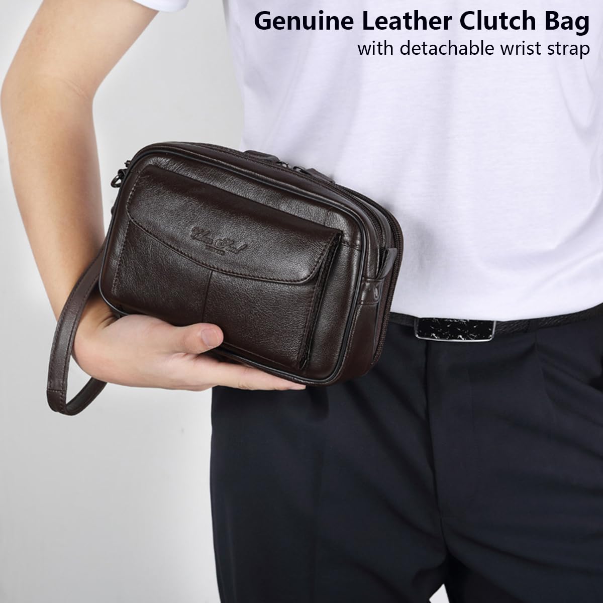 Uomo Pochette Clutch Portafoglio Lungo in Vera Pelle con Cinturino da Polso, Piccolo Borsa a Mano di Affari per Telefono, Borsa da Viaggio con Cerniera di Grande Capacità Portamonete Casual