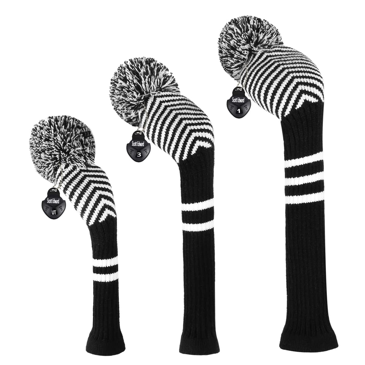 Scott Edward Lot de 3 Couvre-têtes de Golf pour Bois - Convient aux conducteurs (460 CC) - Fil Acrylique Hybride/UT avec Gros Pompons - Protège la tête du Club des Rayures et de la poussière