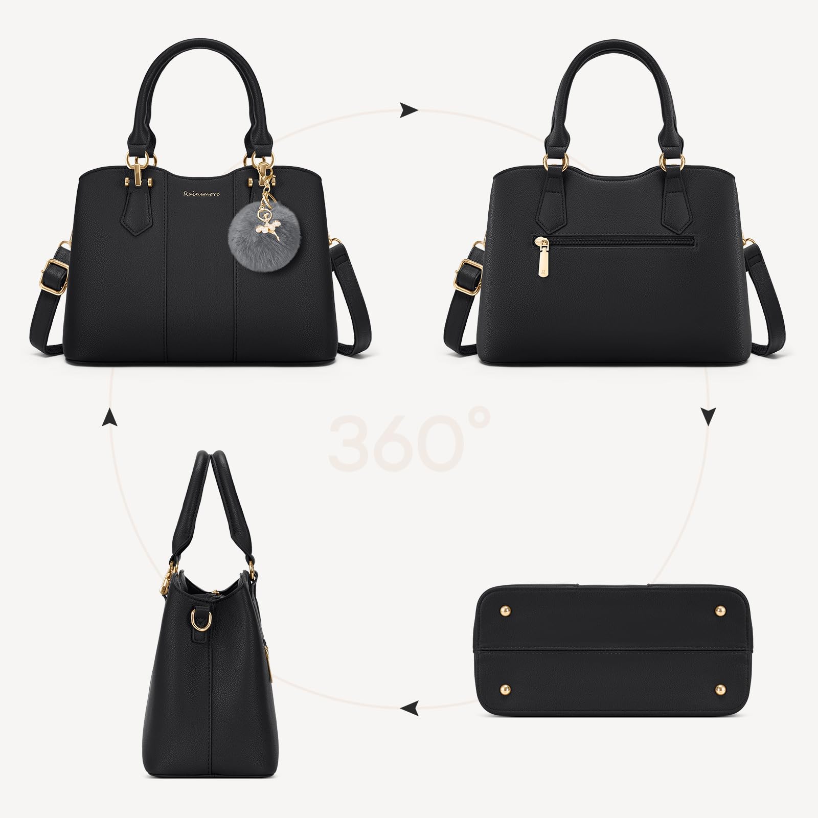 RAINSMORE Sac a Main Femme Cuir PU Sacs à Main Portés Main Femme Sac à Main Bandoulière Sac Fourre Tout Sac Besace Sacoche Femme pour Université Travail