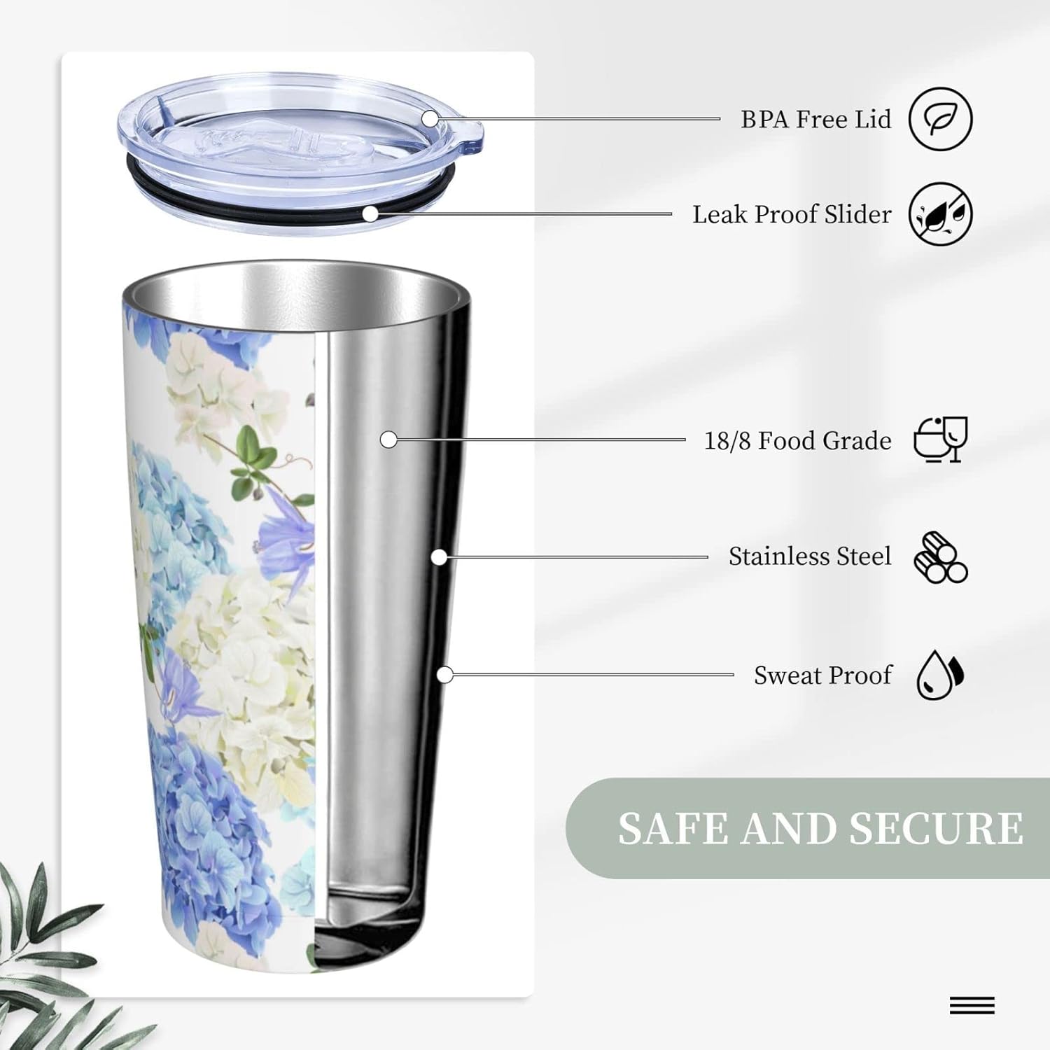 Dujiea 20oz Tumbler With Lid And Straw, Hydrangea Flowers Vacuum Insulated Iced Coffee Mug Reusable Travel Cup Stainless Steel Water Bottle - Image 8