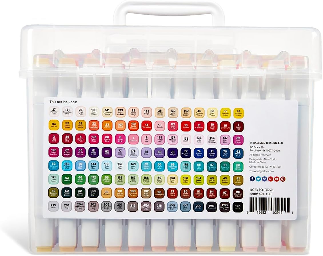 KINGART PRO Doppelendige Kunstmarker mit Alkoholtinte, 120 Farben, feine Spitze und Keilspitzen, permanent mit hervorragender Mischbarkeit, inklusive Kunststoffetui, 120 Stück