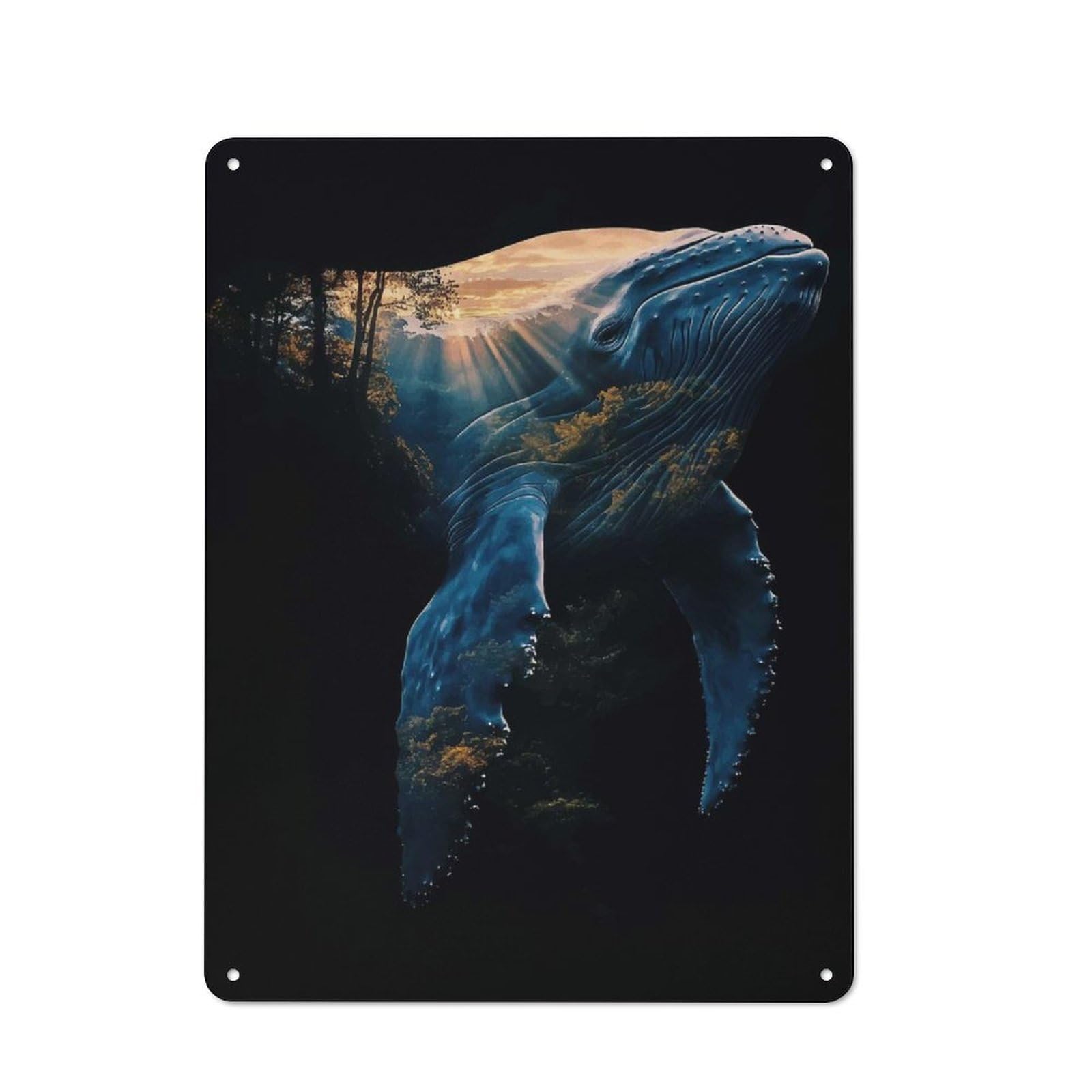 Whale And Forest Double Exposure Rustic Tin Sign 40x30cm, Shed Style Utility Space Decor for Patio Bar, Workshop, Shed Or Kitchen
