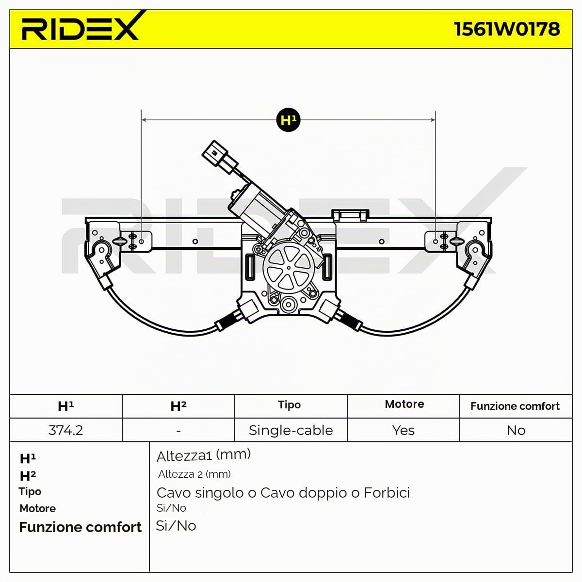 RIDEX 1561W0178 Alzacristallo elettrico Anteriore Destra con motore elettrico Compatibilità con FIAT GRANDE PUNTO 199