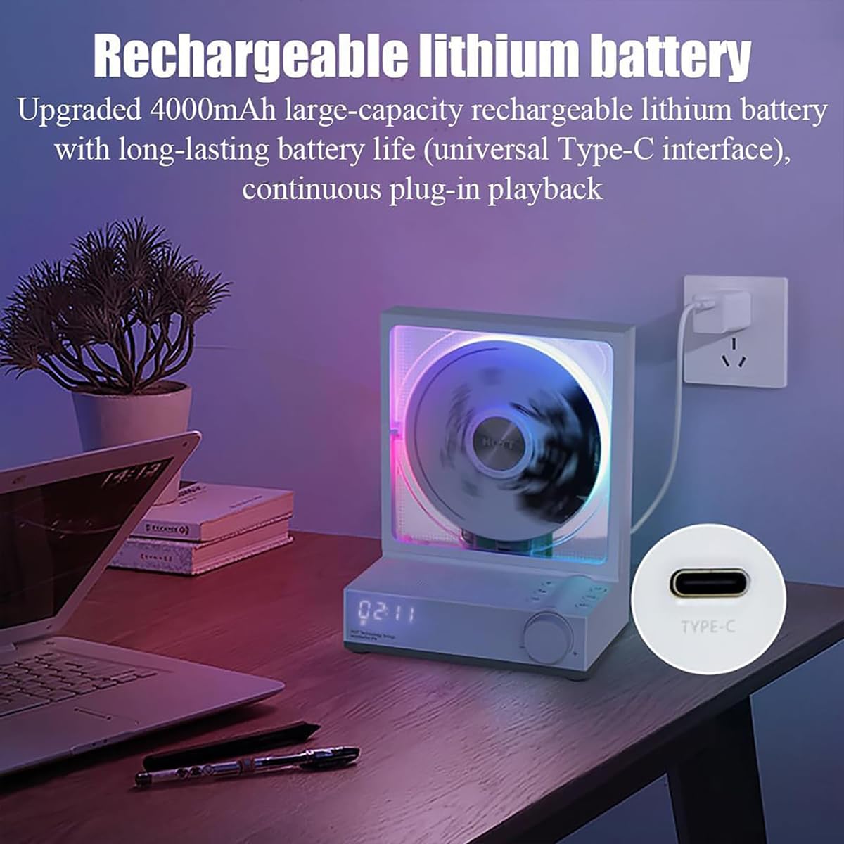 Lettore CD Bluetooth portatile con batteria ricaricabile da 4000 mAh, effetti di illuminazione RGB e timer, lettore musicale da tavolo con porta magnetica a ventosa