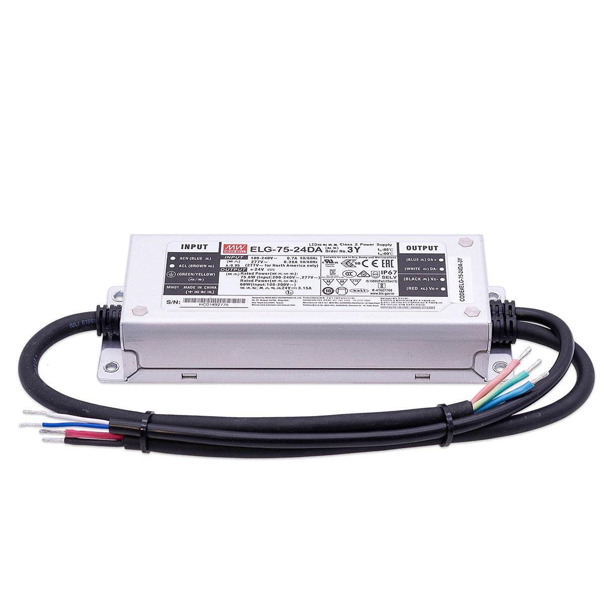 Mean Well ELG-75-24DA-3Y - Fuente de alimentación LED regulable (75,6 W, 24 V, 3,15 A, IP67, CV)
