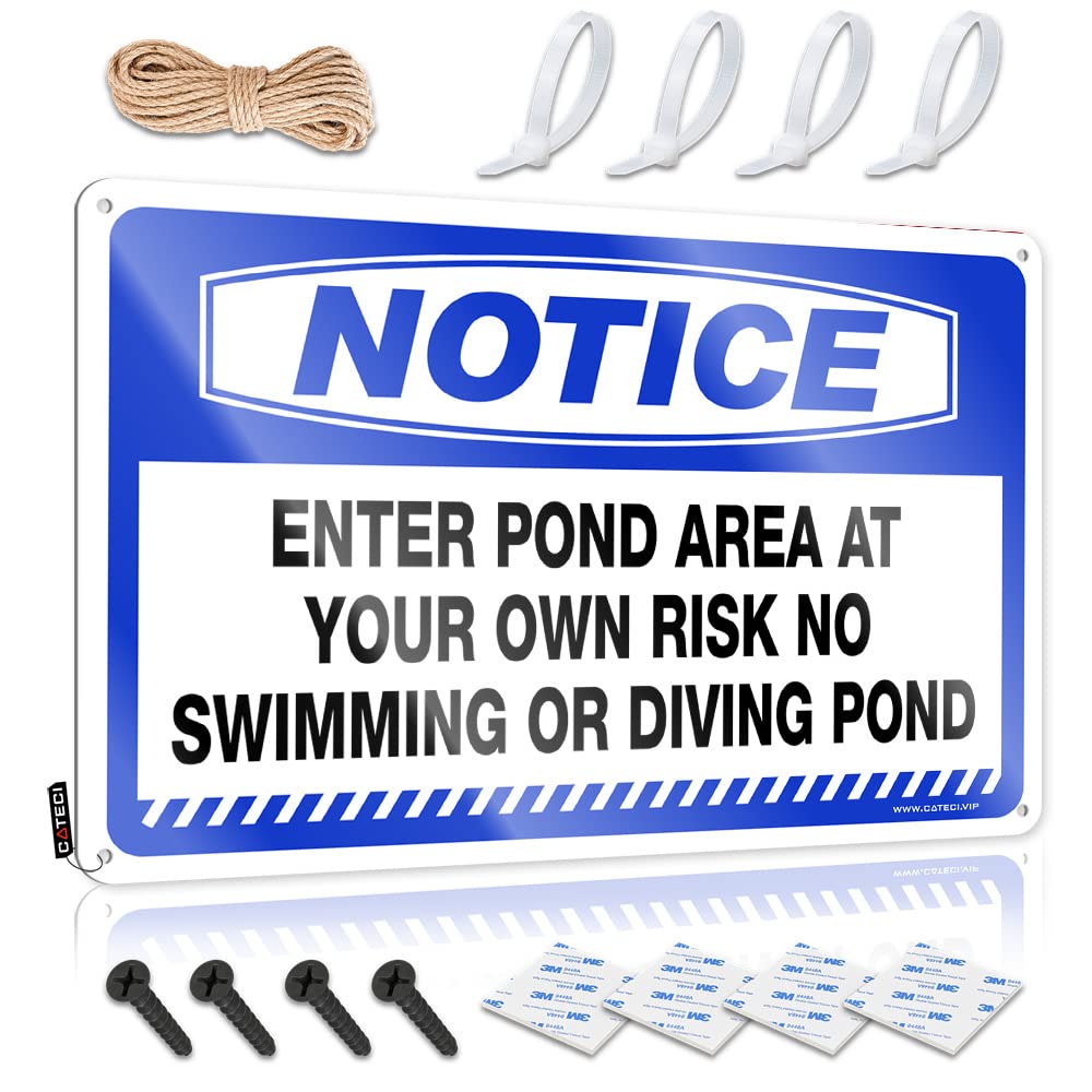 HELIOFORGE Tin Sign Funny Notice Enter Pond Area At Your Own Risk No Swimming Or Diving Tin Sign Funny Street Signs Backyard Bar Sign(30X40CM)