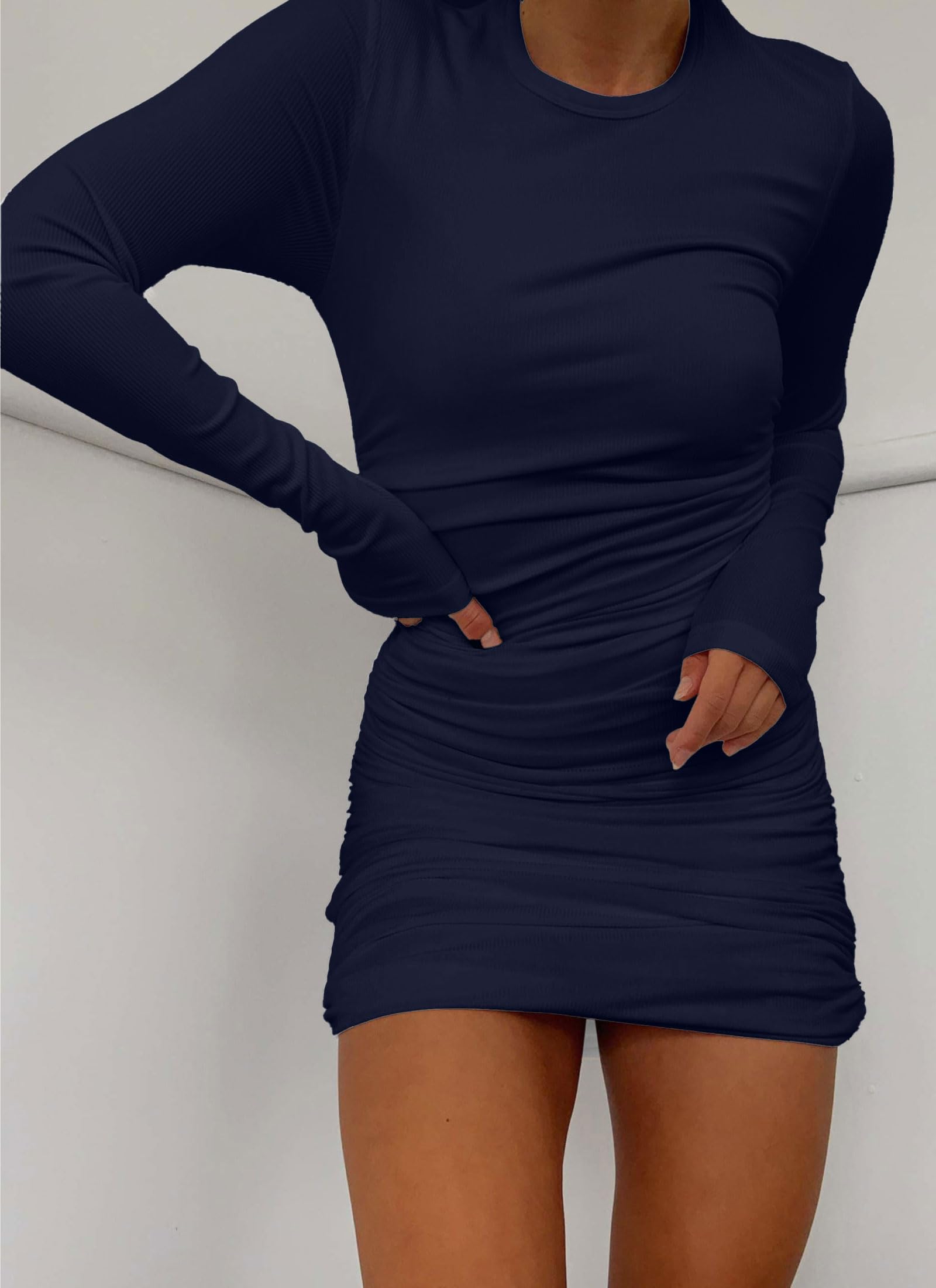 long sleeve ruched bodycon midi dress Fall Mesh Long Sleeve Midi Ruched Bodycon Dress Starry Blue / XS main image 1