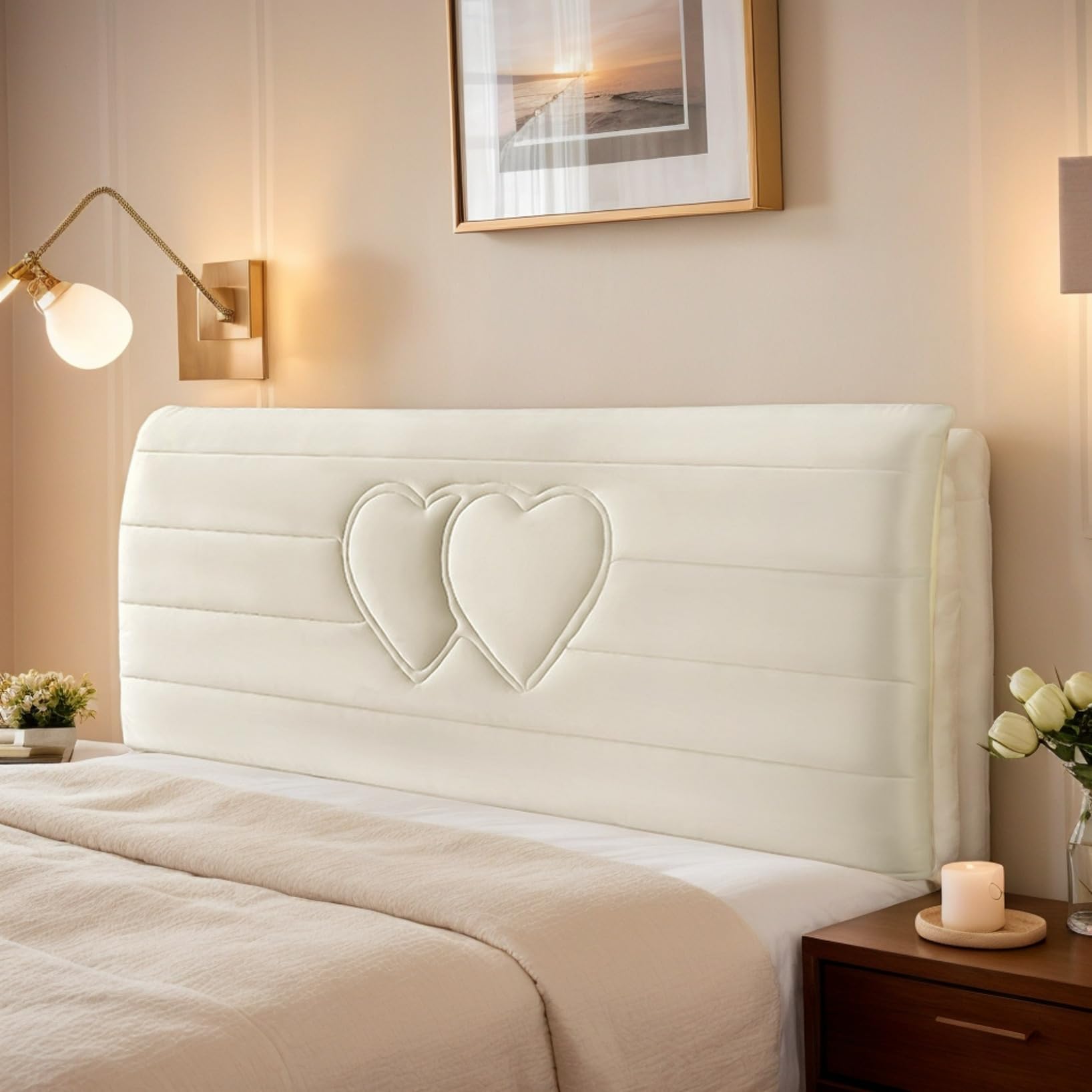 RICPYOIU Protective Headboard Slipcover Stretchable Dustproof for Beds Beige Velvet Filling Size Single Double King Queen Headboards for Beds Bedroom Decoration,Cream,190cm