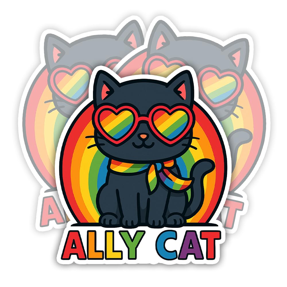 SODAVA | Ally Cat Sticker Cute Black Cat Rainbow Sunglasses Pride LGBTQ Supportive Ally Vinyl Waterproof Sticker for Laptop Water Bottle Car Bumper Decoration
