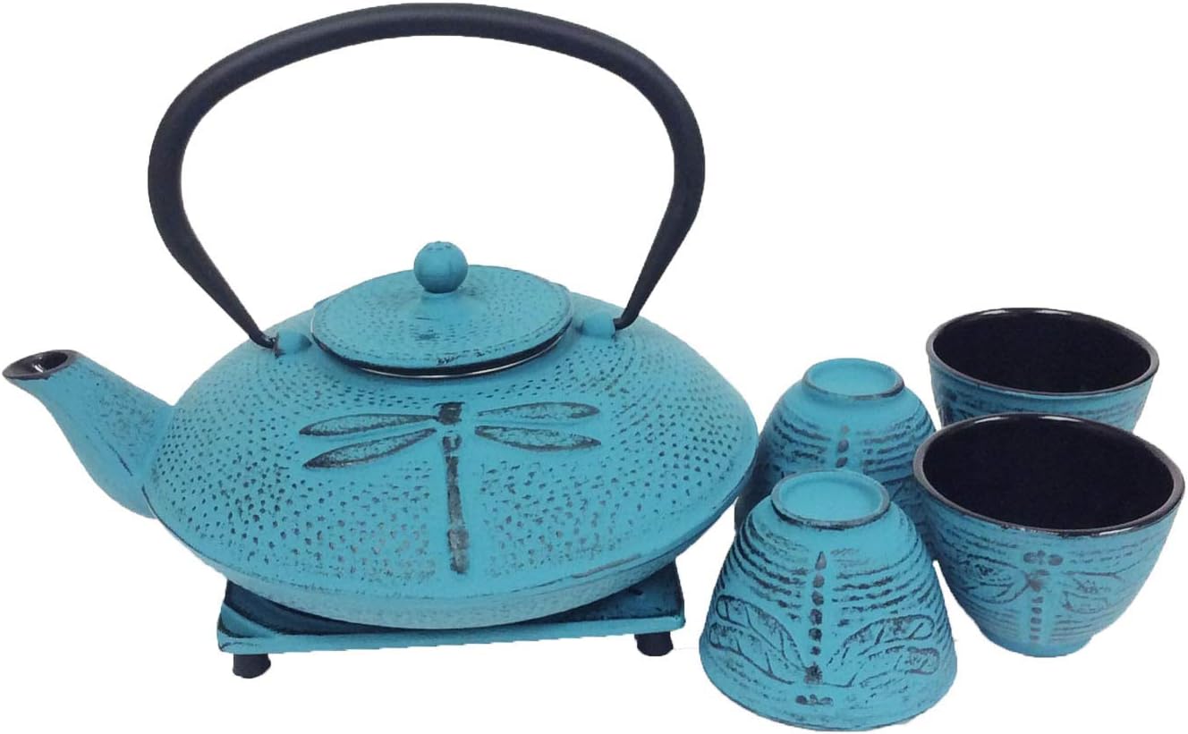 Cuisiland Dragonfly Cast Iron 37oz Teapot Set with 4 Cups Light Blue
