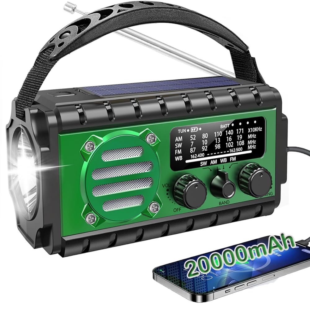 Radio Dynamo Survie 20000mah Lampe Dynamo Survie SW/AM/FM Grande Batterie, Portable Charge de Téléphone Portable, SOS, Lampe de Poche Radio Manivelle Survie pour Urgence/Maison （Vert）