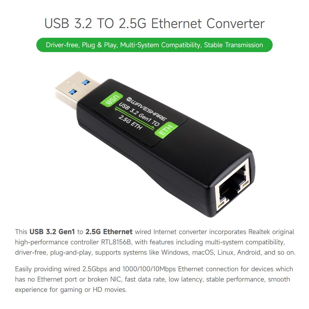 Waveshare Convertisseur de port USB vers Ethernet 2,5 G, réseau haut débit,  adaptateur Ethernet USB 2,5 G sans pilote, compatible avec Raspberry Pi  5/Jetson Nano/PC et Windows/MacOS/Linux/Android : Amazon.com.be: High-tech