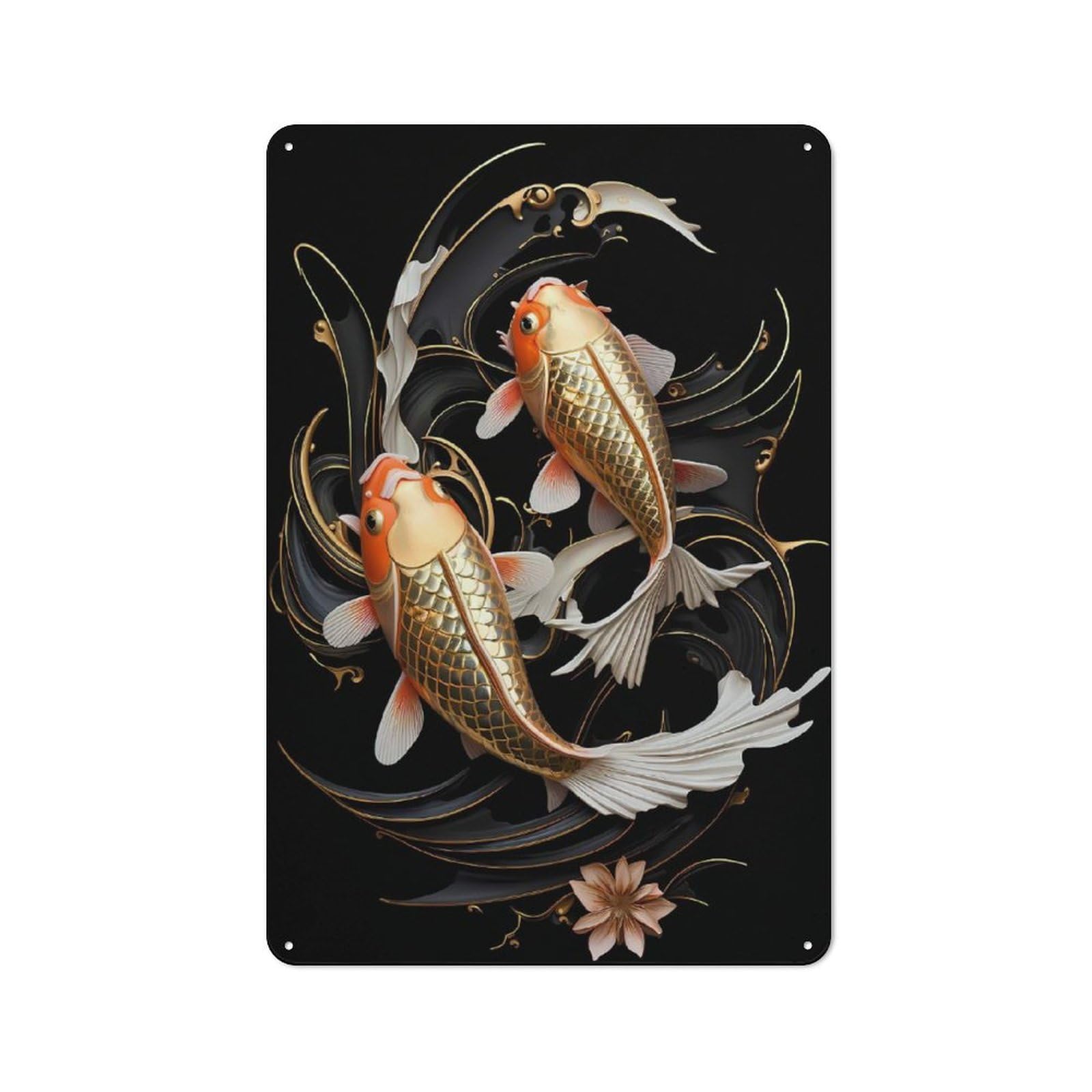 Rustic Tin Sign with Golden Koi Japan Fish Art Design 30x20cm, Casual Garden Room Wall Plaque for Shed, Garden Room, Porch Or Garage