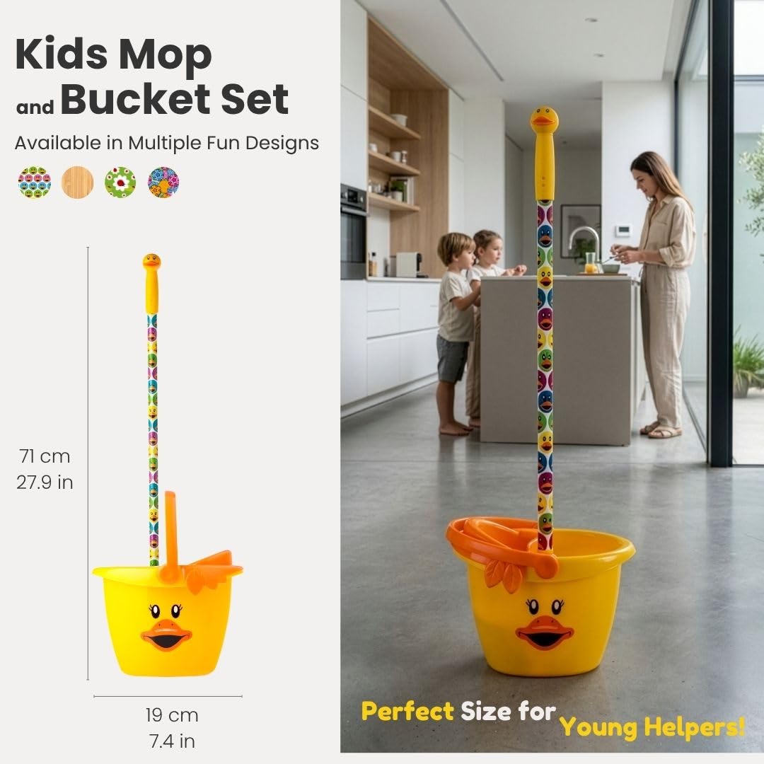 Vigar - Set de Fregar para Niños - Fregona y Cubo Infantil - 25 x 19 x 71 cm - Vigar Duck - Cubo de Polipropileno - Palo de Fregona de Acero - Amarillo